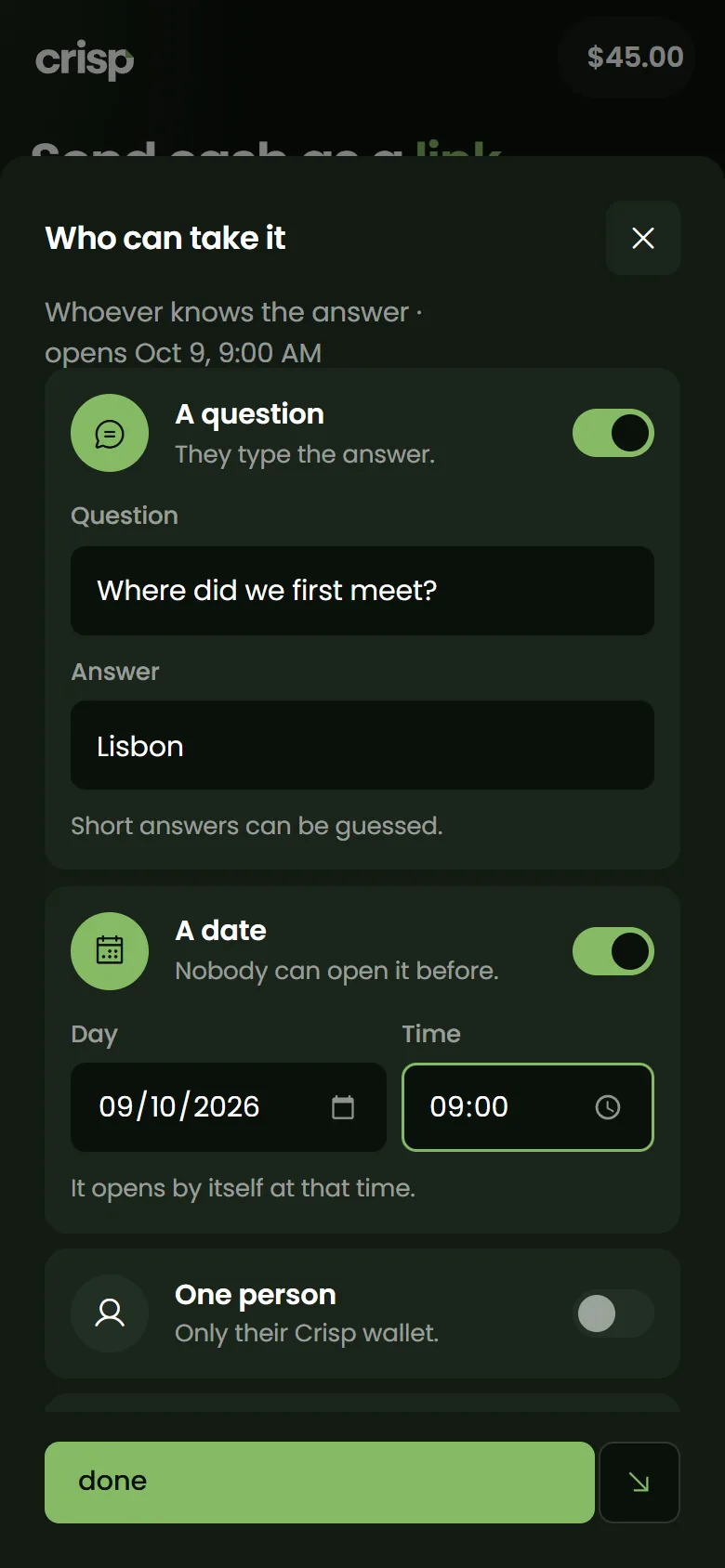 The app: who can take it, with a question and a date.